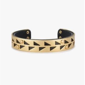 Stella & Dot Addison Cuff Black Leather Gold tone Bracelet New In Box